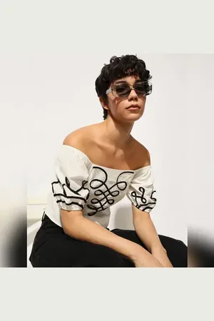 ONLY White Puff-Sleeves Embroidered Top