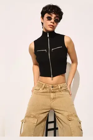 ONLY Black Zip Up Knit Top