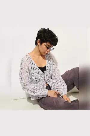 ONLY Lavender Schiffli Tie Detail Cotton Top