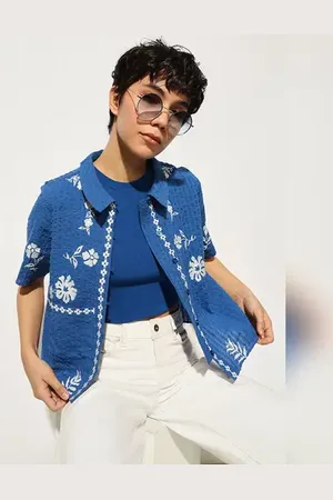 ONLY Blue Embroidered Boxy Fit Shirt