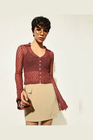 ONLY Brown Semi-Sheer Lace Top