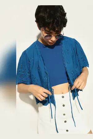ONLY Blue Self-Embroidered Cotton Top