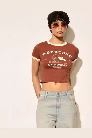 ONLY Brown Printed Cropped T-shirt