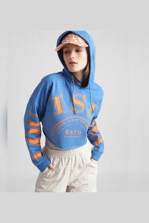 ONLY Blue Printed Cropped Hooded Sweatshirt