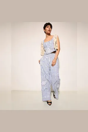 ONLY White & Blue Embroidered Pants