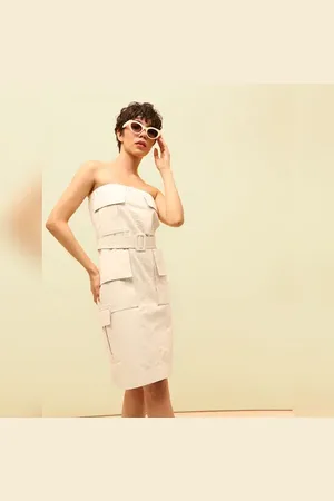ONLY Beige Belted Utility Off-Shoulder Dress