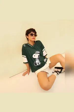 ONLY Green Peanuts Oversized Varsity T-shirt