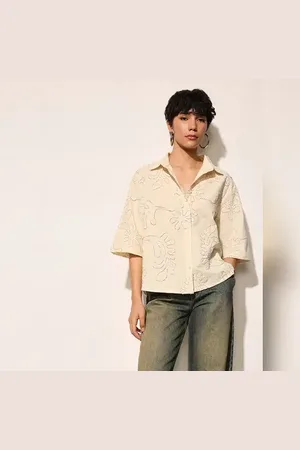 ONLY Beige Embroidered Cotton Shirt
