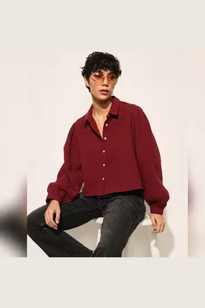 ONLY Maroon Balloon Sleeves Cotton Shirt