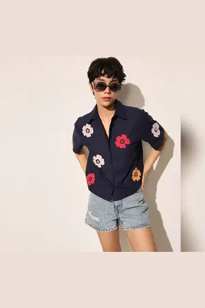 ONLY Navy Blue Embroidered Floral Shirt