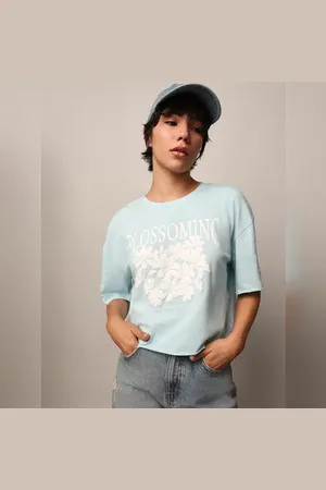 ONLY Blue Floral Boxy Fit Cropped T-shirt