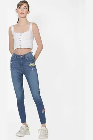 ONLY Blue Mid Rise Patch Print Distressed Skinny Jeans
