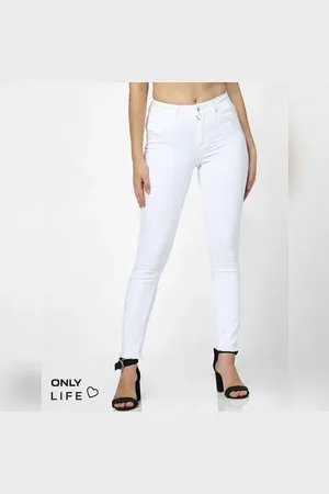 ONLY White Mid Rise Raw Edge Skinny Fit Jeans
