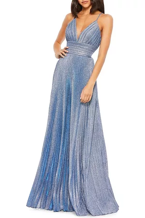 Steel Blue Shimmer Noodle Strapped Pleated Front Gown – 101 Hues