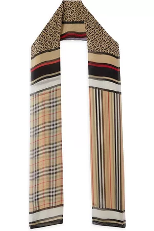 Burberry Monogram Icon Stripe and Check Print Silk Scarf - Brown