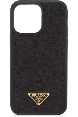 Saffiano Leather Phone Case With Logo in Black - Prada