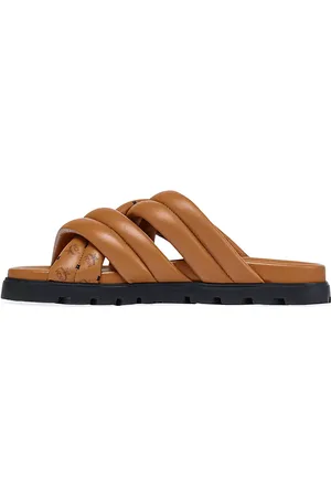 Shop Mcm Women's Visetos Logo Patch Slide Sandals In Cognac