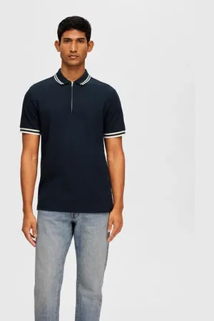 SELECTED Blue Cotton Zipped Polo T-shirt
