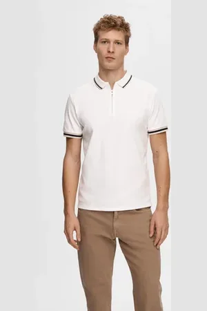 SELECTED White Cotton Zipped Polo T-shirt