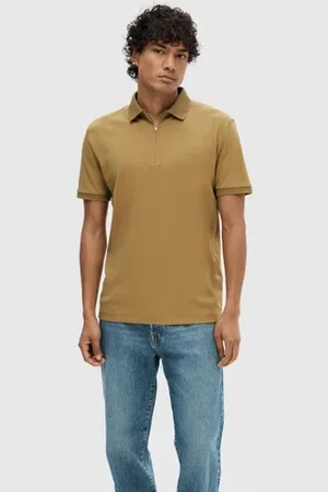 SELECTED Brown Zip-Up Polo T-shirt
