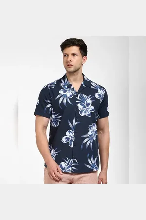 SELECTED NAVY BLUE FLORAL Cuban Collar Shirt