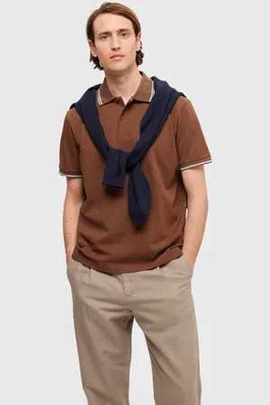 SELECTED Brown Contrast Tipping Polo T-shirt