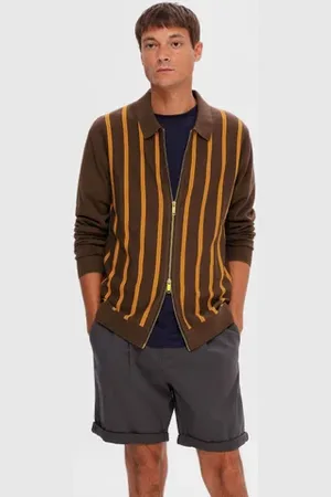 SELECTED Brown Striped Zip-Up Cardigan