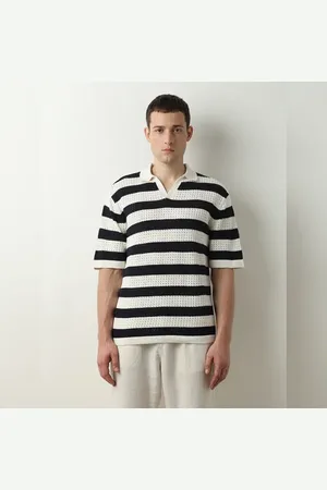 SELECTED Black Striped Knitted Polo T-shirt