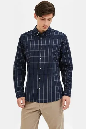 SELECTED Navy Blue Check Print Full Sleeves Shirt