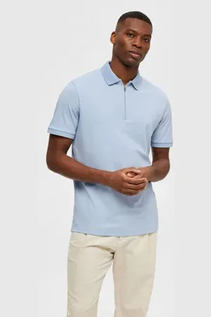 SELECTED Light Blue Zip-Collar Polo T-shirt
