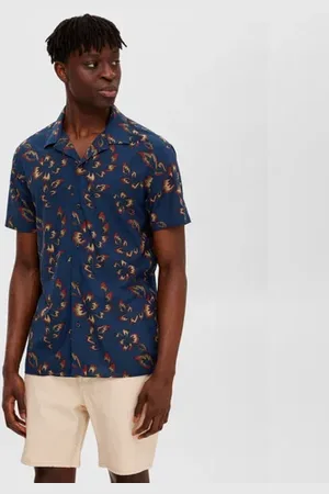 SELECTED DARK BLUE FLORAL Cuban Collar Shirt