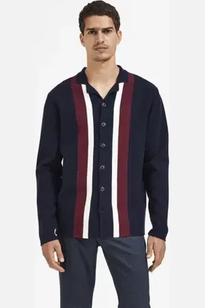 SELECTED Navy Blue Striped Cuban Cardigan