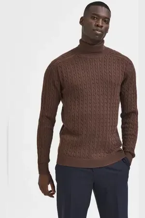 SELECTED Brown Cable Knit Roll Neck Pullover