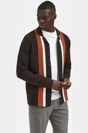 SELECTED Brown Striped Cuban Cardigan
