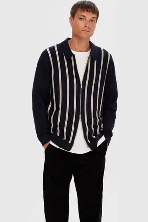 SELECTED Blue Striped Zip-Up Cardigan