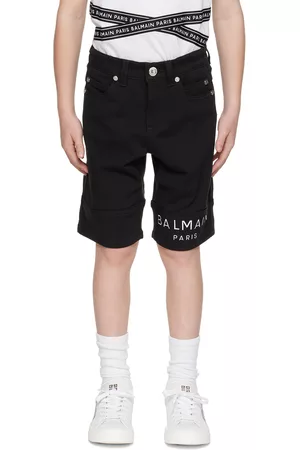Balmain Shorts - Kids Black Bonded Denim Shorts