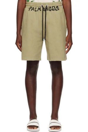 Palm Angels Khaki Camo Curved Logo Lounge Shorts In Green