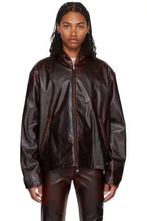 Mens Leather Jacket with Hood Vintage Black Bomber - Genuine Leather