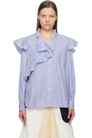 OPEN YY Blue Unbalanced Stripe Ruffle Shirt