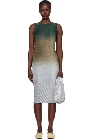 Issey Miyake Green & Gray Nuance Pleats Midi Dress