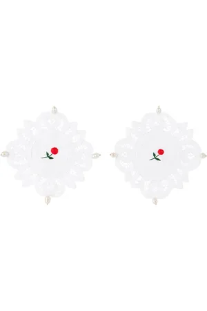 Gohar World White Embroidered Flower Lace & Pearl Coaster Set