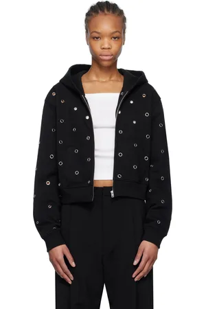 We11 Done Black Eyelet-Detail Zip-Up Hoodie