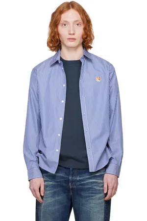 Maison Kitsuné Navy & White Fox Head Classic Striped Shirt