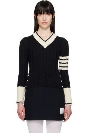 Thom Browne Navy & Off-White Classic Merino Wool V-Neck Sweater