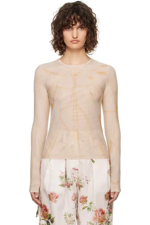 OPEN YY Brown Ribbon Print Mesh Long Sleeve T-shirt