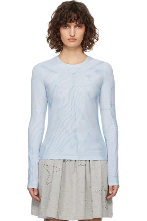 OPEN YY Blue Ribbon Print Mesh Long Sleeve T-shirt