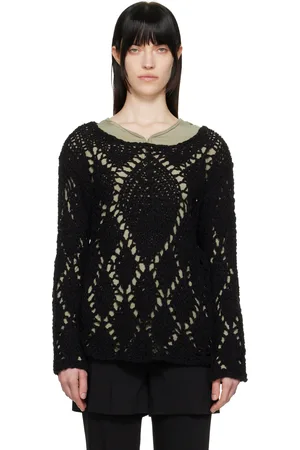 OPEN YY Black Cotton Argyle Pointelle Pullover Sweater