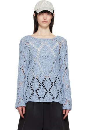 OPEN YY Blue Cotton Argyle Pointelle Pullover Sweater
