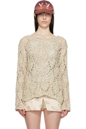 OPEN YY Beige Cotton Argyle Pointelle Pullover Sweater