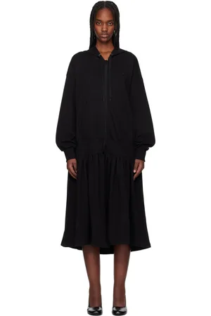 OPEN YY Black Jersey Shirring Hoodie Midi Dress